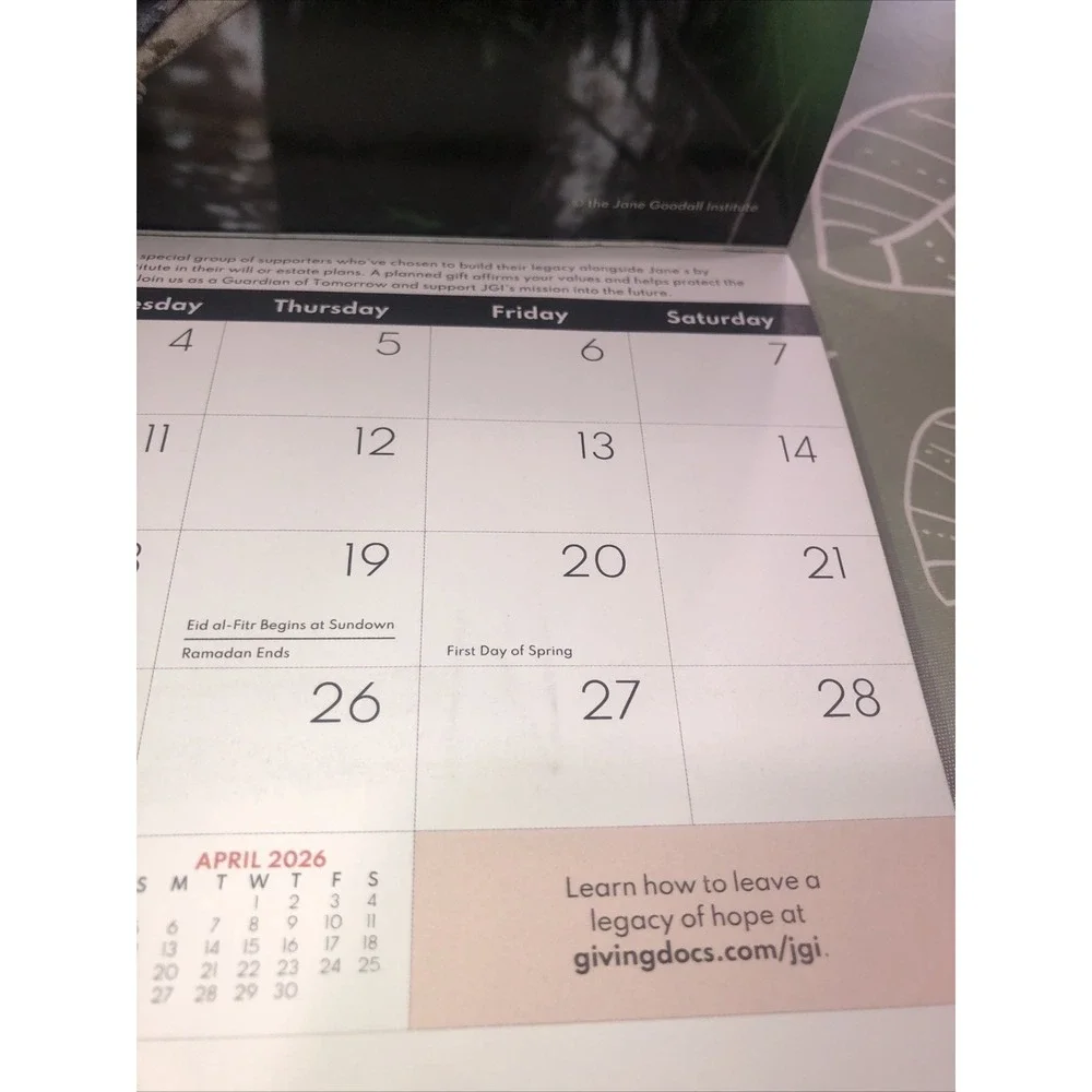 Jane Goodall Institute Apes & Chimps - 2026 SMALL Wall Calendar 17 Months NEW